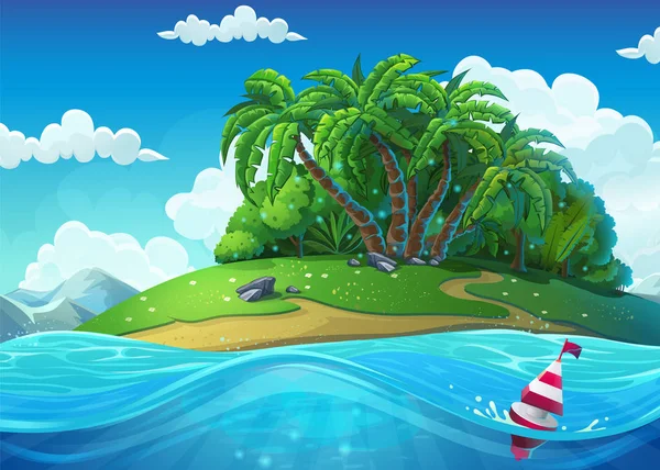 Float on the background of the island with palm trees in the sea — Stock Vector