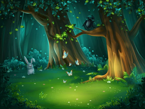 Векторна ілюстрація лісової галявини з зайцем та метеликами — стоковий вектор