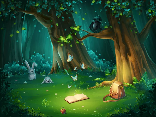 Illustration vectorielle d'une clairière forestière avec corbeau et livre — Image vectorielle