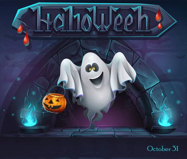 Fondo de Halloween con Ghost con calabaza — Vector de stock