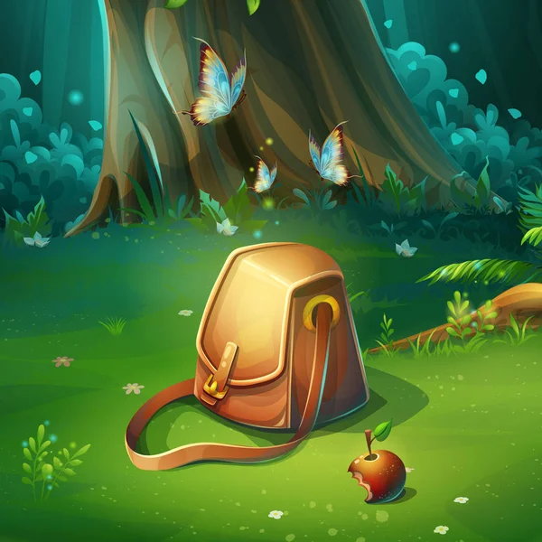 Vettoriale cartone animato illustrazione di sfondo foresta radura con borsa — Vettoriale Stock