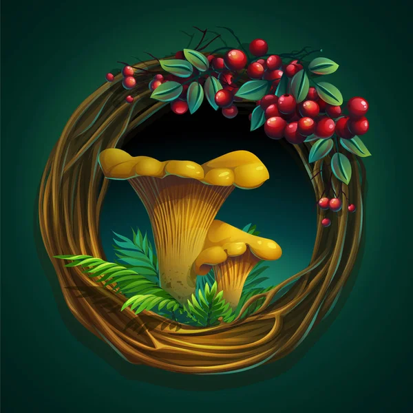 Corona d'illustrazione del cartone animato vettoriale di viti con fungo chante — Vettoriale Stock