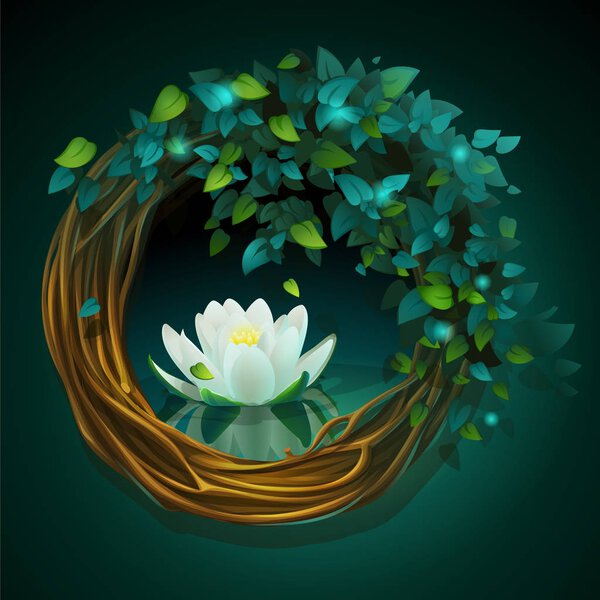 Wreath of vines and leaves with Nymphaea 