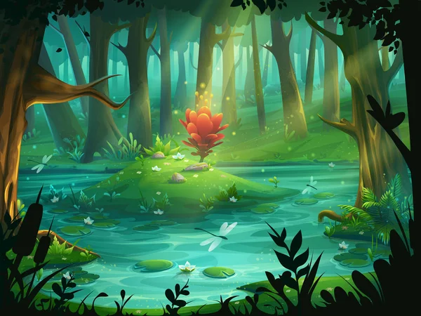 The Scarlet Flower on an island in a swamp in the forest — Stock Vector