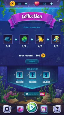 Mahjong balık dünyası - vektör mobil biçimi koleksiyon ekranı