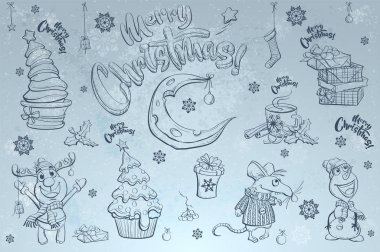 Vektör kontur Mutlu Noel illüstrasyonunu ayarladı