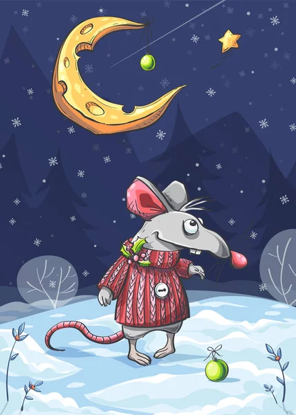 Illustration vectorielle de souris drôle sous la lune — Image vectorielle