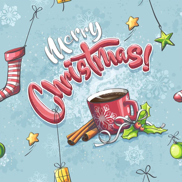 Векторная весёлая рождественская иллюстрация без швов с чашкой кофе — стоковый вектор