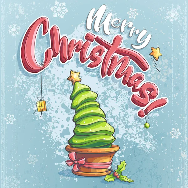 Vector vrolijk kerstfeest illustratie met een kerstboom, geschenk, ster — Stockvector