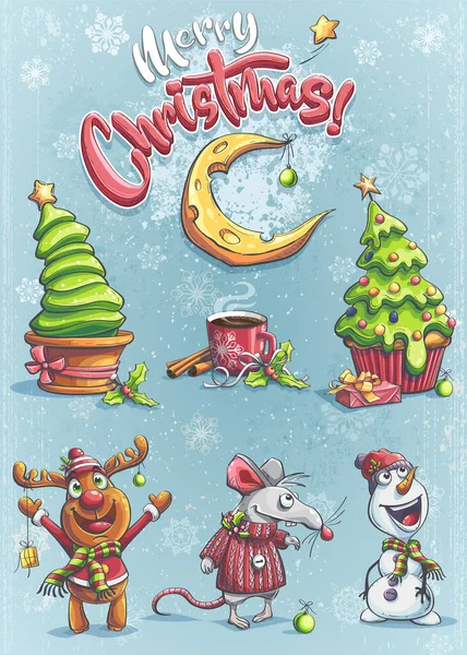 Διάνυσμα αστείο σύνολο κινουμένων σχεδίων Καλά Χριστούγεννα εικονογράφηση — Διανυσματικό Αρχείο