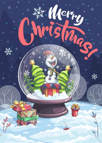 Vetor alegre boneco de neve de Natal, árvore de Natal em bola de vidro — Vetor de Stock