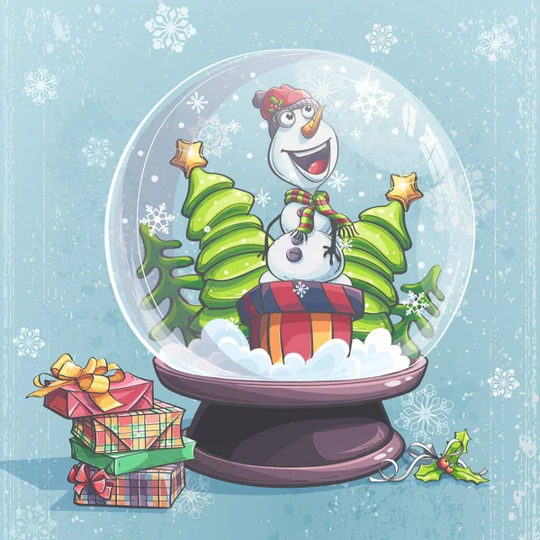 Illustration vectorielle bonhomme de neige, arbre de Noël en boule de verre — Image vectorielle