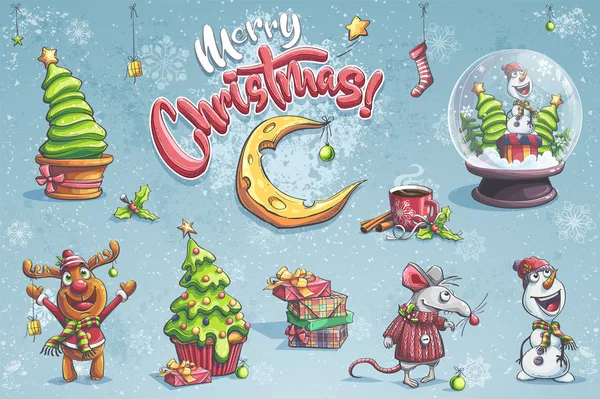 Vector conjunto feliz ilustración de Navidad con venado de Navidad — Archivo Imágenes Vectoriales