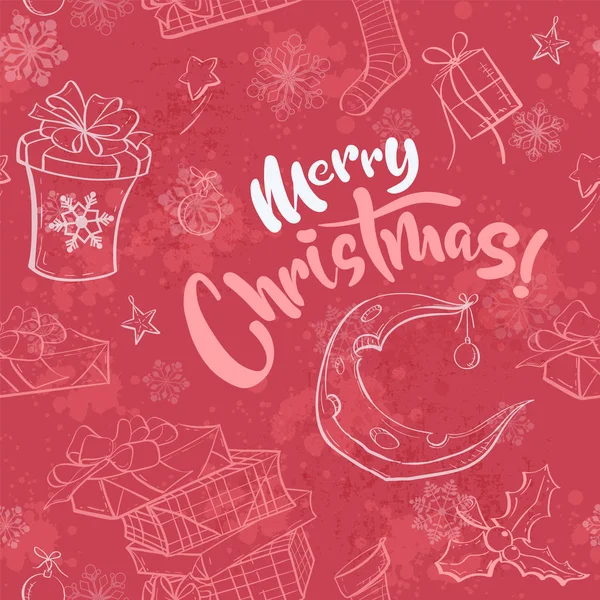 Векторная весёлая рождественская иллюстрация без швов с лунным сыром, носком, подарком, звездой — стоковый вектор