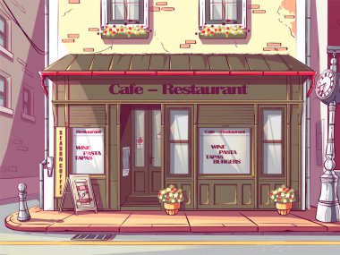 Macaristan 'daki vektör renkli kafeterya. Restoranın görüntüsü. Web, video, arayüz, tasarım, dağıtım, haber sayfası.