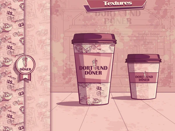 レストランのフィールドにコーヒーのカップとベクトル背景レトロなスタイル Web ビデオゲーム ユーザーインターフェイス デザインのために — ストックベクタ