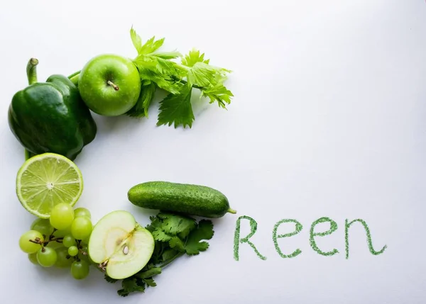 Means Green Letter Lined Green Vegetables Fruits Cucumber Green Onions — Stock Photo, Image