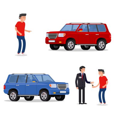Tasarım kavramı seçim Araba, satın alma, satış, kira ve Kiralık Araba. Vektör, serin düz, illüstrasyon. Vektör detaylı karakter alıcı ve satıcı