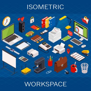 3D izometrik bilgisayarlı teknoloji çalışma alanı Infographic kavramı düz