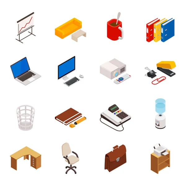 Serie isometrica 3D di icone su un tema di attrezzature per ufficio — Vettoriale Stock