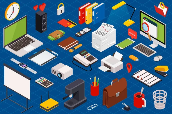 Concepto infográfico plano de la tecnología computarizada isométrica 3d del espacio de trabajo — Vector de stock