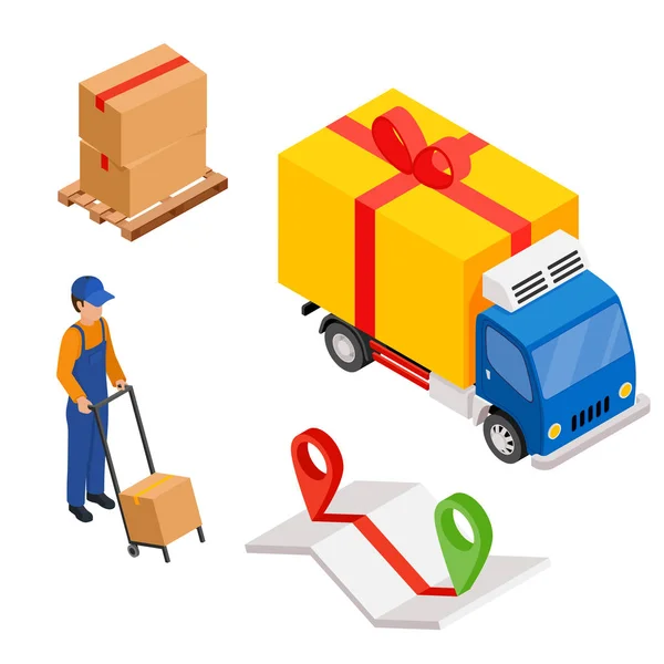 Доставка вантажів з картою і штифтами, працівник доставки і коробка — стоковий вектор