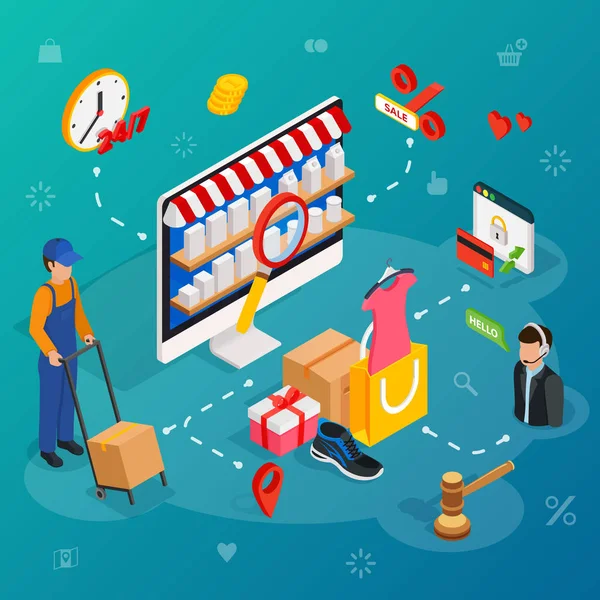 Compras en línea con servicio de entrega y servicio de chat de atención al cliente . — Archivo Imágenes Vectoriales