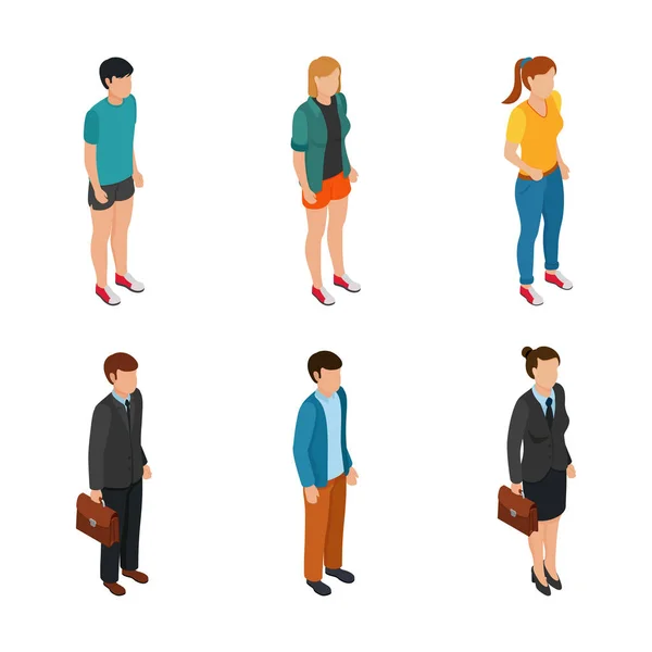 Trend Isometric people of different characters teenager, freelancers, business woman and businessman in suits insulated. — Stock Vector