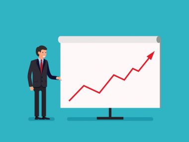 Beyaz tahta - sunu düz stil karikatür holding iş adamı.