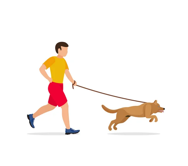 Hombre caminando o corriendo con un perro . — Vector de stock