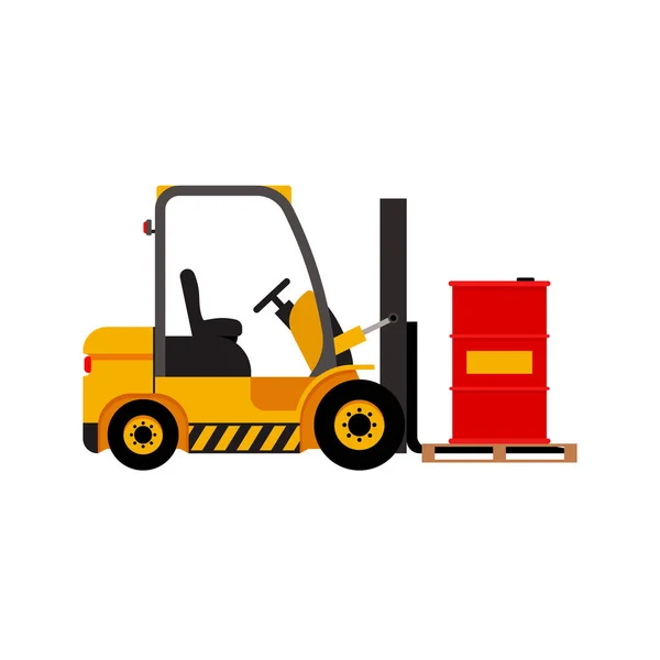 Vector forklift truck with lifted red barrel — Stock Vector