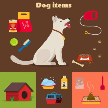 Köpek bakım nesne kümesi, öğeleri ve şeyler, vektör karikatür çizim, yiyecek şeyler kemik köpek kulübesi yaka giyim ilaçlar