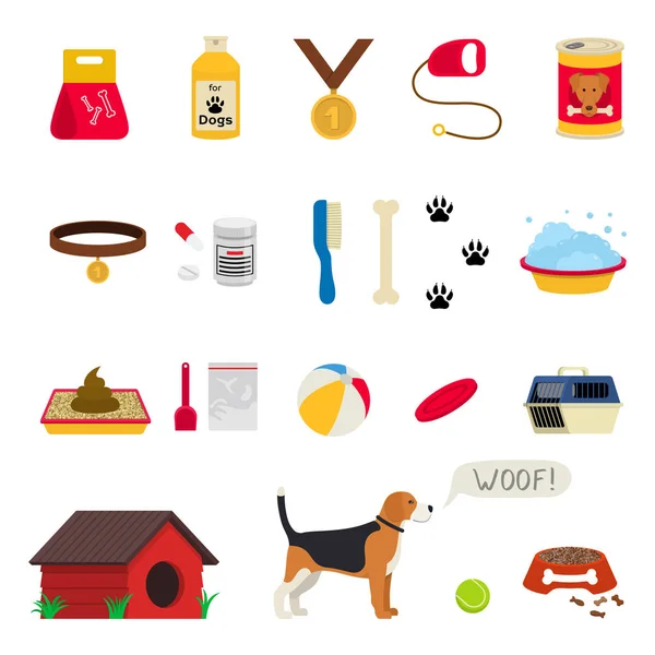 Set de objetos para el cuidado del perro, artículos y cosas — Vector de stock