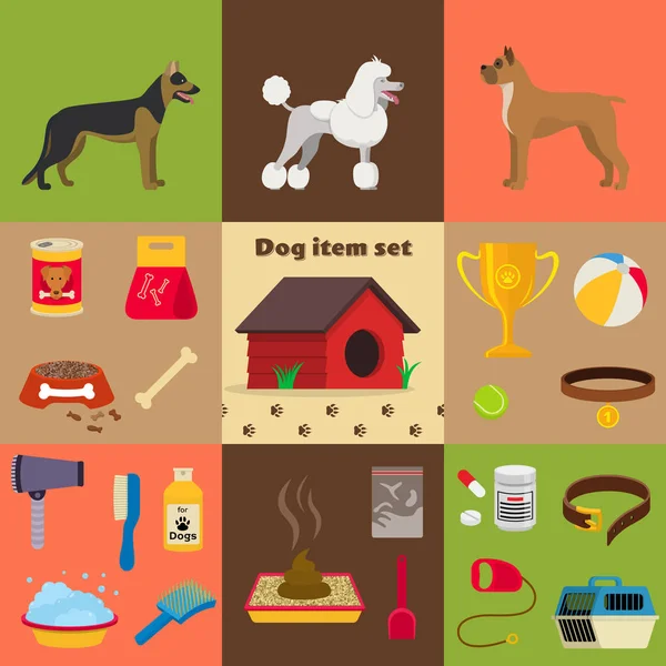 Set de objetos para el cuidado del perro, artículos y cosas — Vector de stock