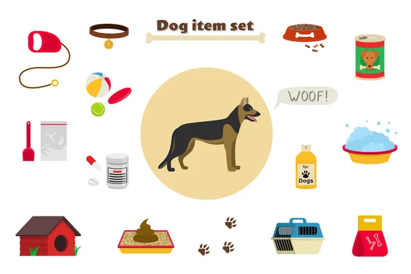 Oggetti per cani set di oggetti per la cura e roba simile. Elementi intorno al cane . — Vettoriale Stock