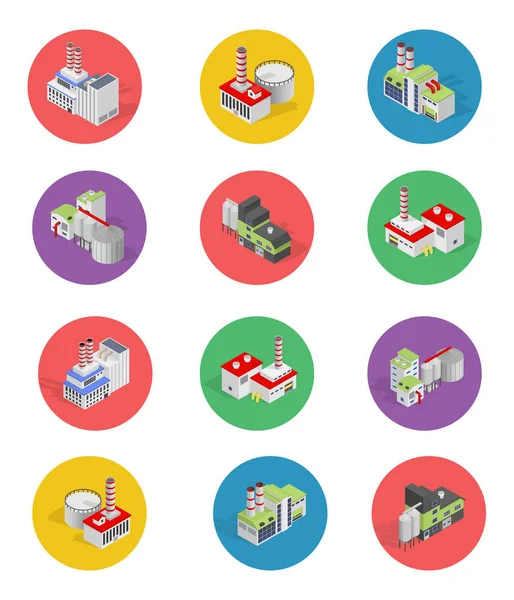 Isometric Building Factory Icons with Shadow — Stock Vector
