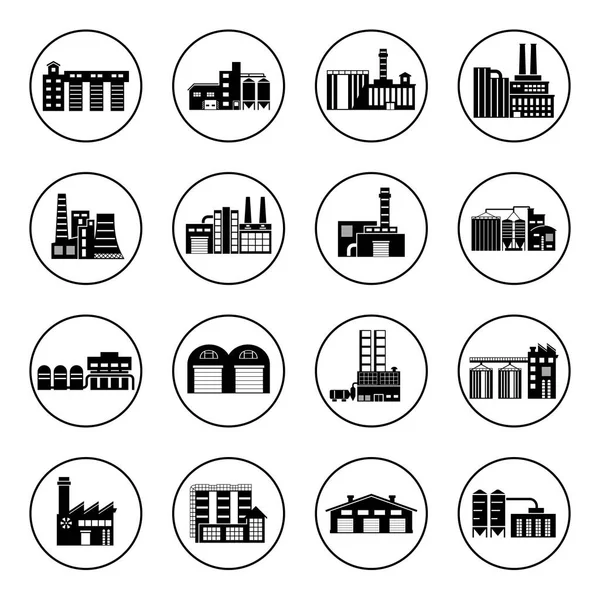 Conjunto de iconos de construcción de la industria manufacturera. Planta y fábrica, energía y humo, petróleo y energía, estación de fabricación nuclear . — Archivo Imágenes Vectoriales