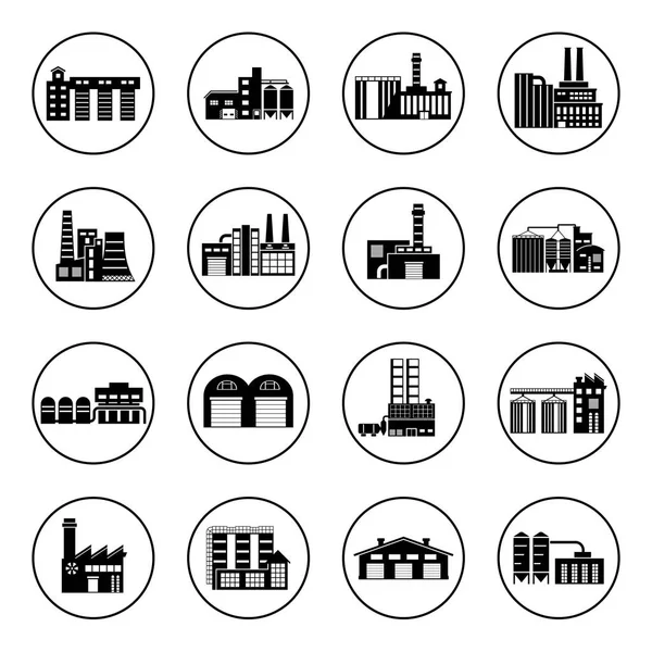 Zestaw z manufaktury przemysłu budowy ikony. Roślin i fabryki, moc i dymu, ropy naftowej i energii jądrowej, produkcji stacji. — Wektor stockowy