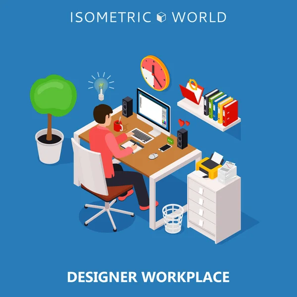 Renkli 3d izometrik serbest tasarımcı işyeri kavramı illüstrasyon vektör.