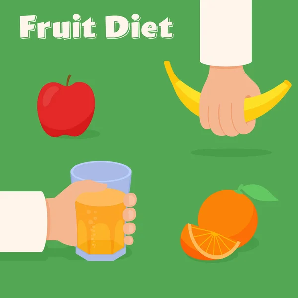 Conceito de vetor de dieta de frutas. Mãos com banana e um copo de sumo. Maçã e laranja . —  Vetores de Stock