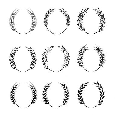 Siyah defne çelengi - kazanan bir sembolü. Buğday kulak veya pirinç Icons set.