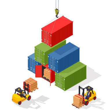 Deniz kargo liman. Deniz kargo konteyner forklift tarafından boşaltma. Kapalı konteyner ve açık bir tane. İzometrik vektör çizim.