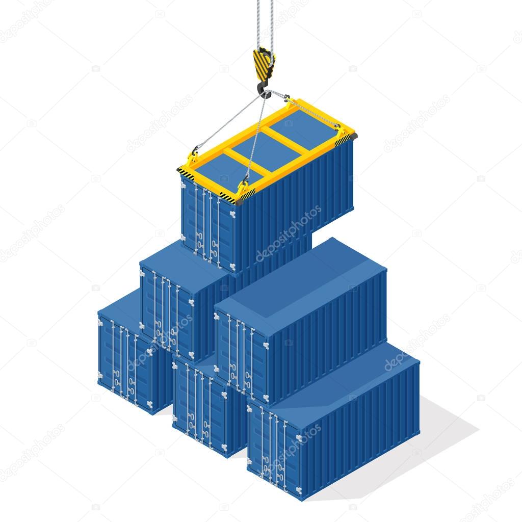 Pyramid of sea containers. The top container lowered the crane - isometric illustration with shadows