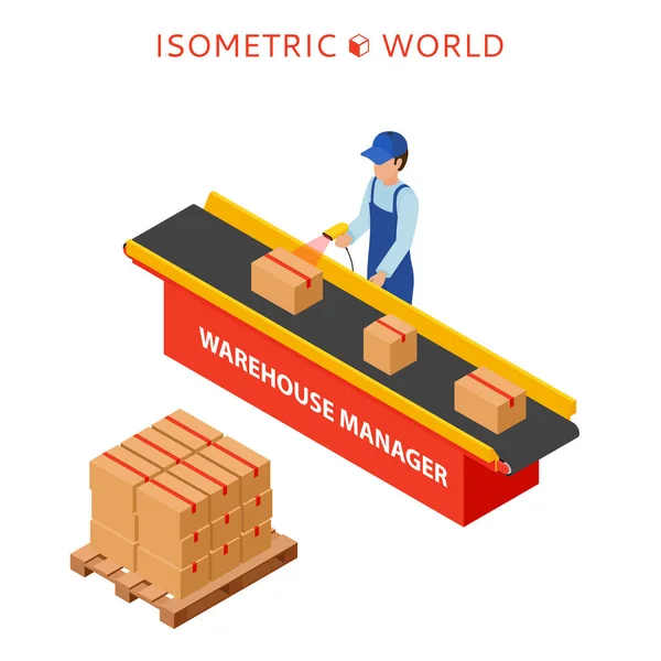 仓库经理或仓库工人与条形码扫描仪检查在传送带上的货物 — 图库矢量图片