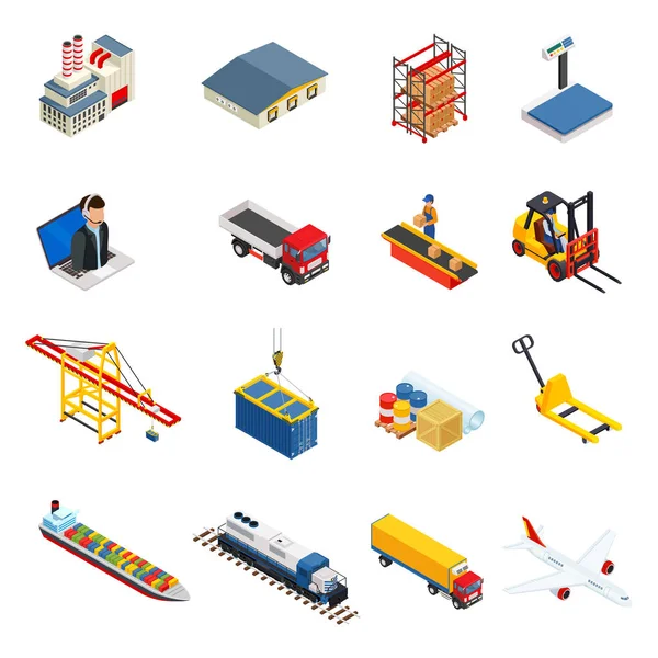 Conjunto de iconos isométricos de logística global de diferentes vehículos de distribución de transporte y elementos de entrega ilustración vectorial aislada. Conjunto de iconos logísticos y de entrega aislados en blanco — Vector de stock