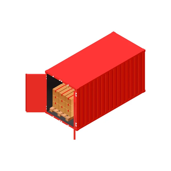 Isométrico contenedor de envío rojo cargado con cartones palet — Vector de stock