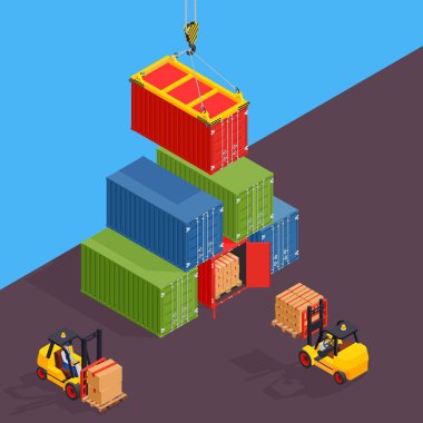 Deniz kargo liman. Deniz kargo konteyner forklift tarafından boşaltma. Kapalı konteyner ve açık bir.