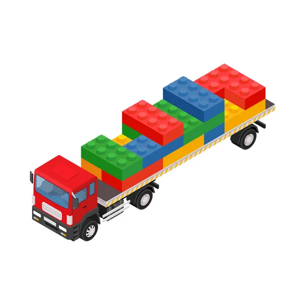 Carga consolidada. Isométrico caminhão grande vermelho com reboque e tijolos de plástico . — Vetor de Stock