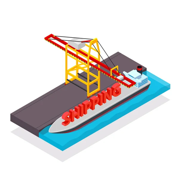 Vektör izometrik kargo konteyner gemisi ve vinç — Stok Vektör