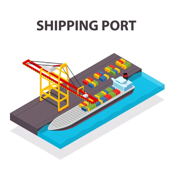 Vektor izometrické nákladní kontejnerová loď a jeřáb koncepce — Stockový vektor